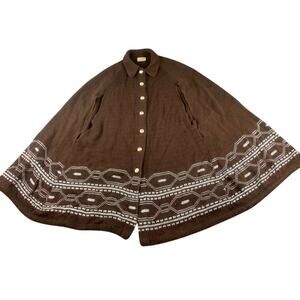 Vintage Sturbridge Cape Sweater Women L Brown Button Poncho Geometric Knit 70's